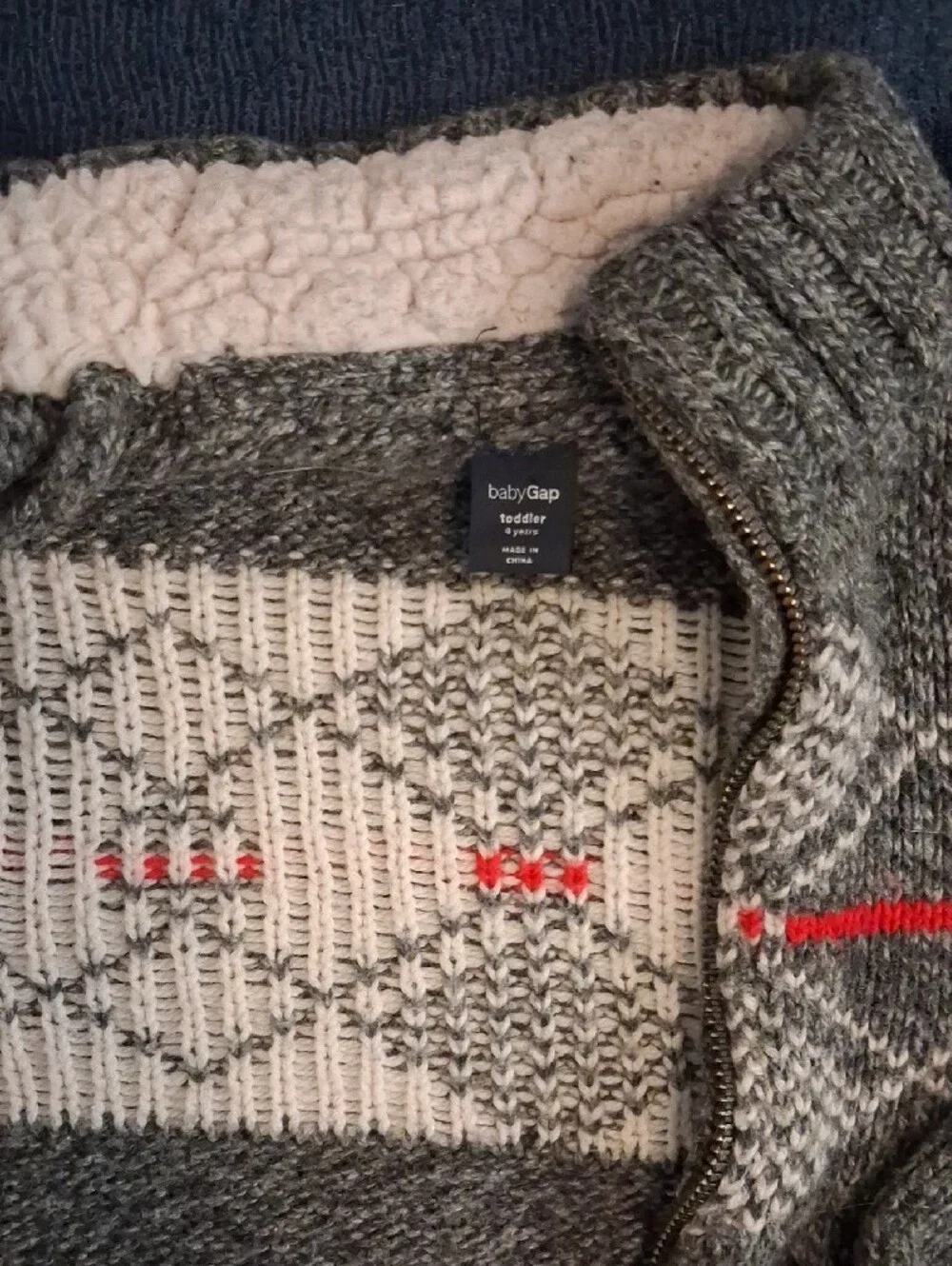 BABY GAP Gray Knit Zip-Up Sweater with Red Stripes